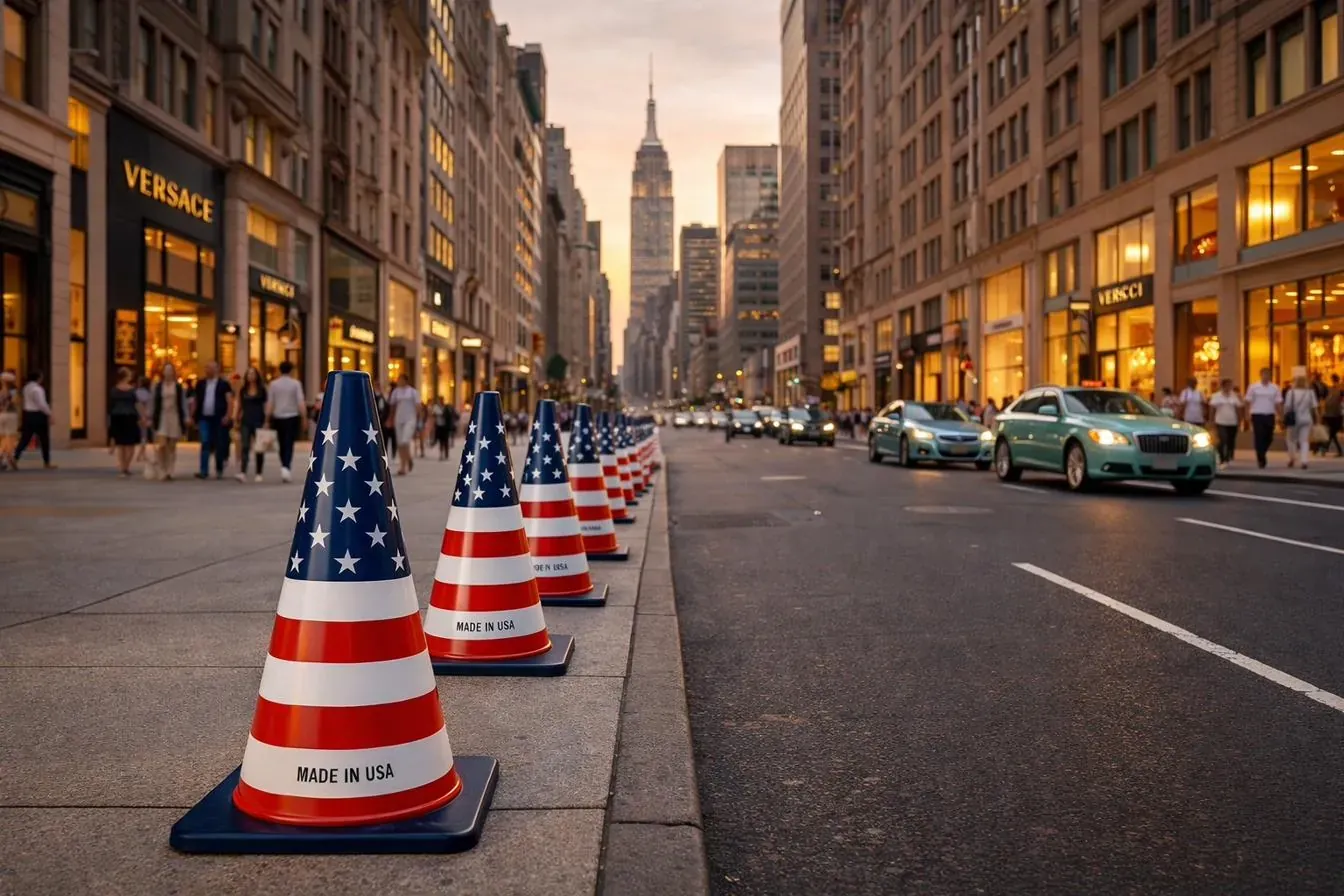 Premium branded traffic cones on Fifth Avenue, New York