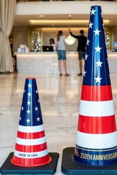 USA Flag and 250th Anniversary cones displayed in a hotel lobby