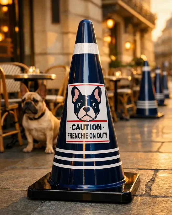 Navy cone with a French bulldog caution panel on a Paris cafe terrace at golden hour