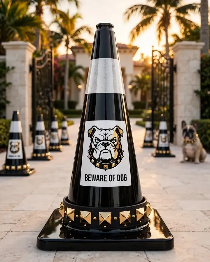 Black and gold studded Beware of Dog cone at a luxury villa gate with a French bulldog