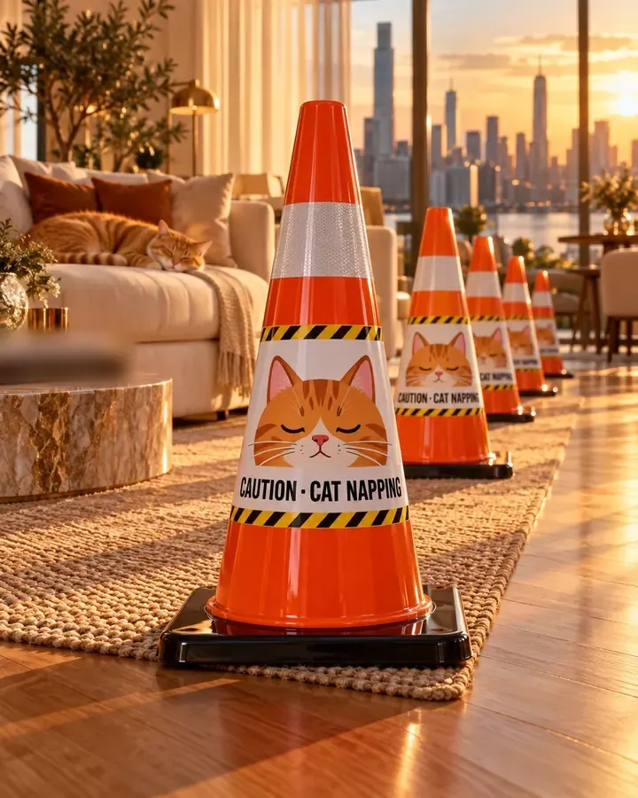 Orange cone with a sleepy tabby cat caution panel in a penthouse lounge at sunset