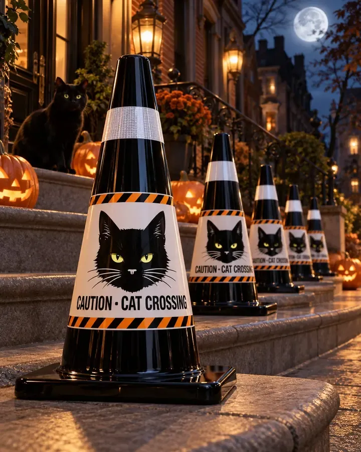 Black cone with a black cat caution panel on townhouse steps under a full moon