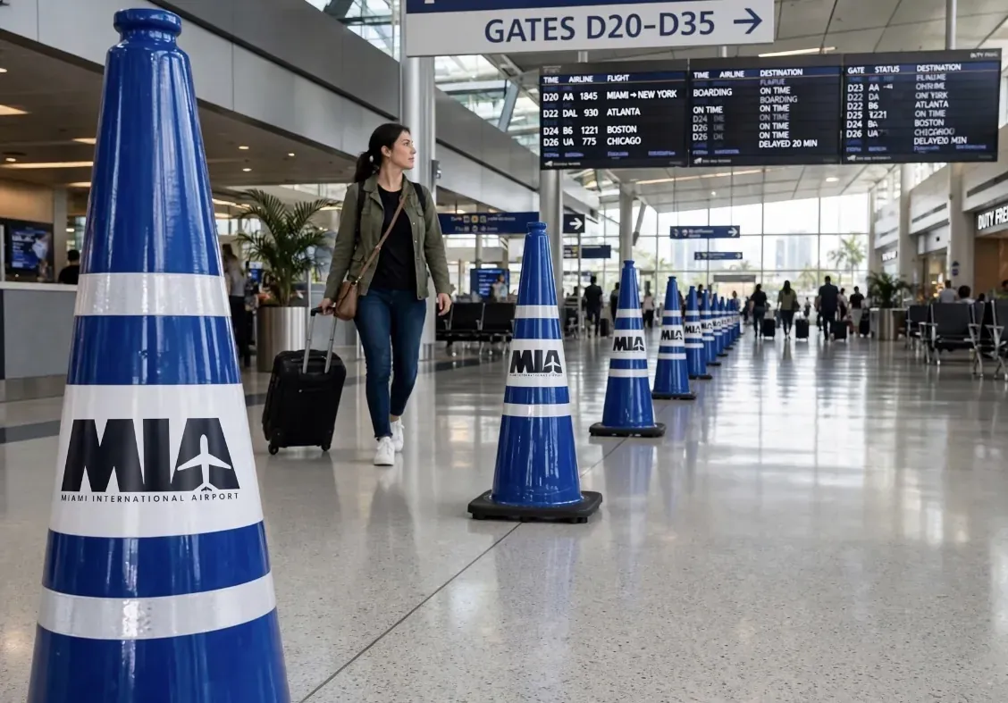 Concept: branded cones as premium wayfinding in an airport terminal