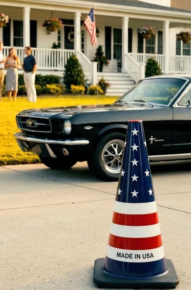 Made in USA flag cone beside a classic Mustang — a forgotten street object, now an icon