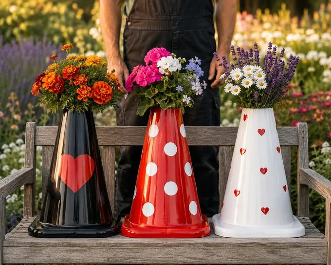 Traffic cones reimagined as flower vases in a garden