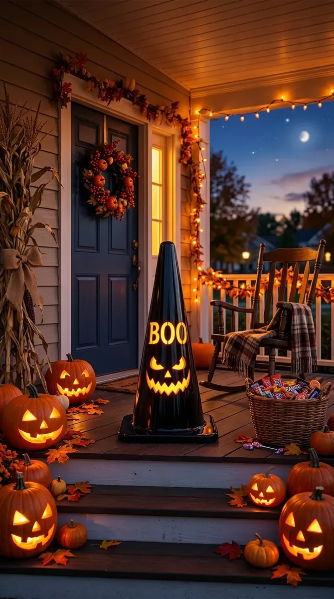 Halloween BOO cone on a decorated porch