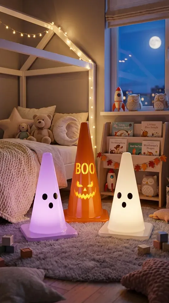 Three glowing ghost cones in a child's bedroom