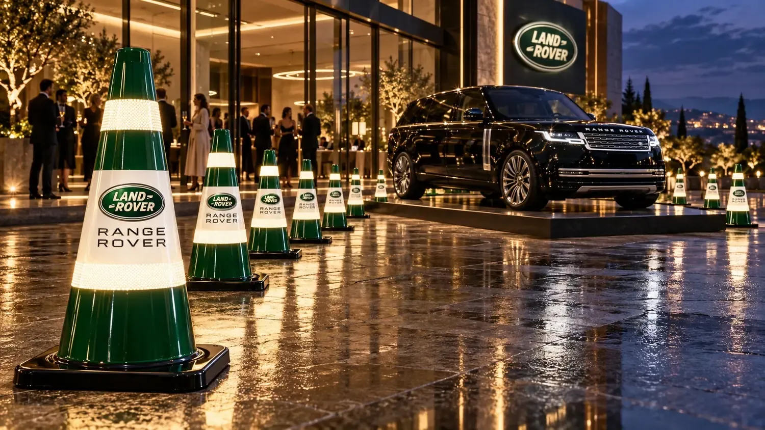 Hunter-green concept cones lining a luxury SUV forecourt at night, guests in the background