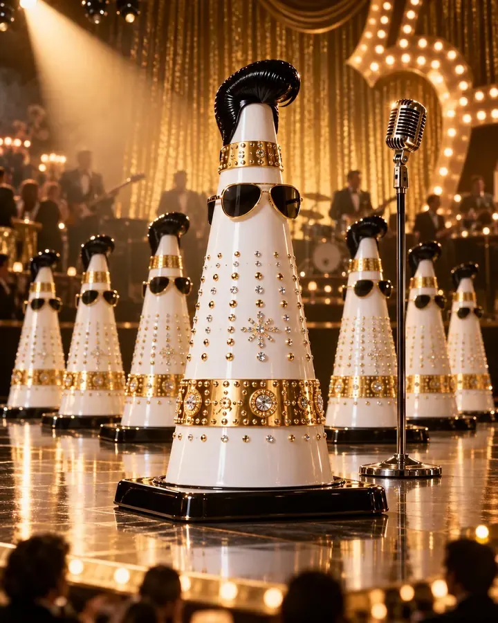 Gold-studded white concept cones with a sculpted quiff on a showroom stage