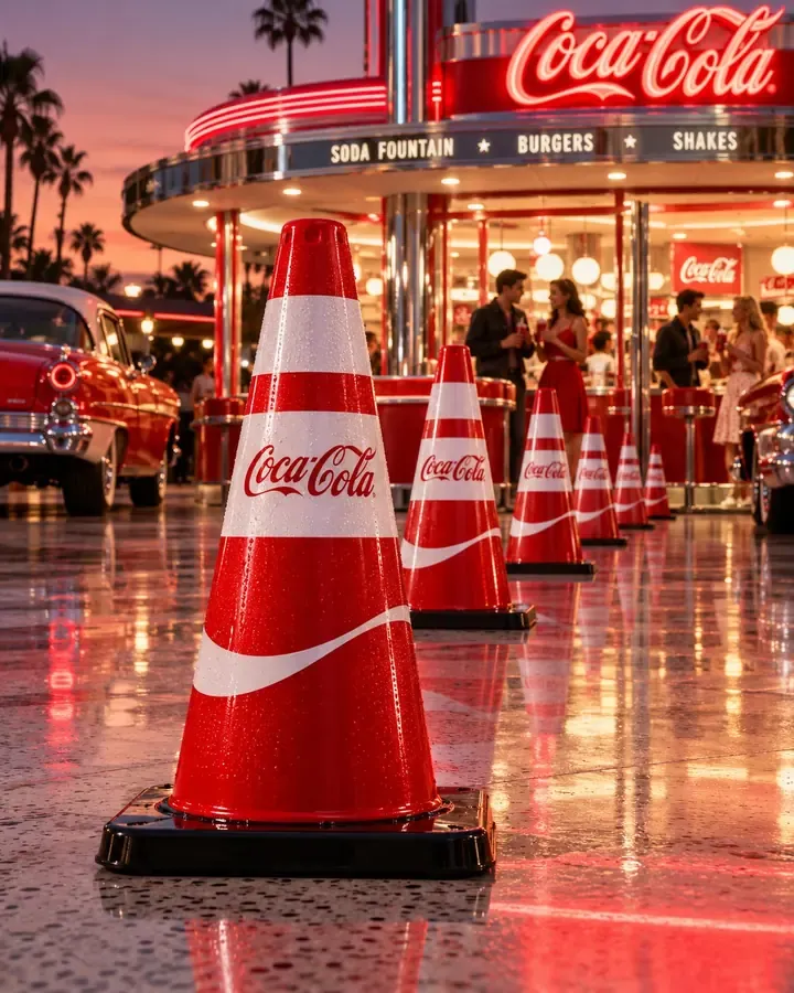 Red concept cone with a white band at a retro soda drive-in at dusk