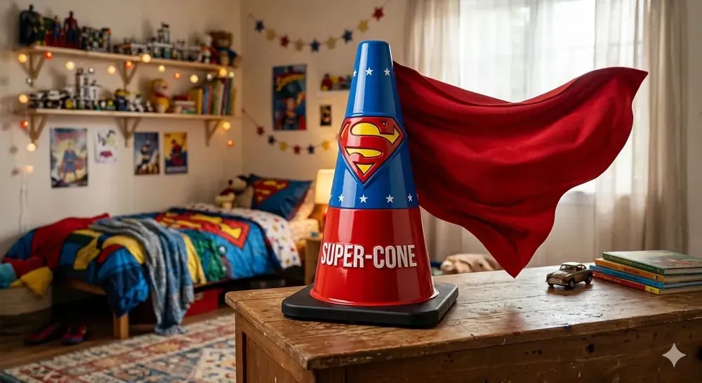 Caped superhero concept cone in a kid's room