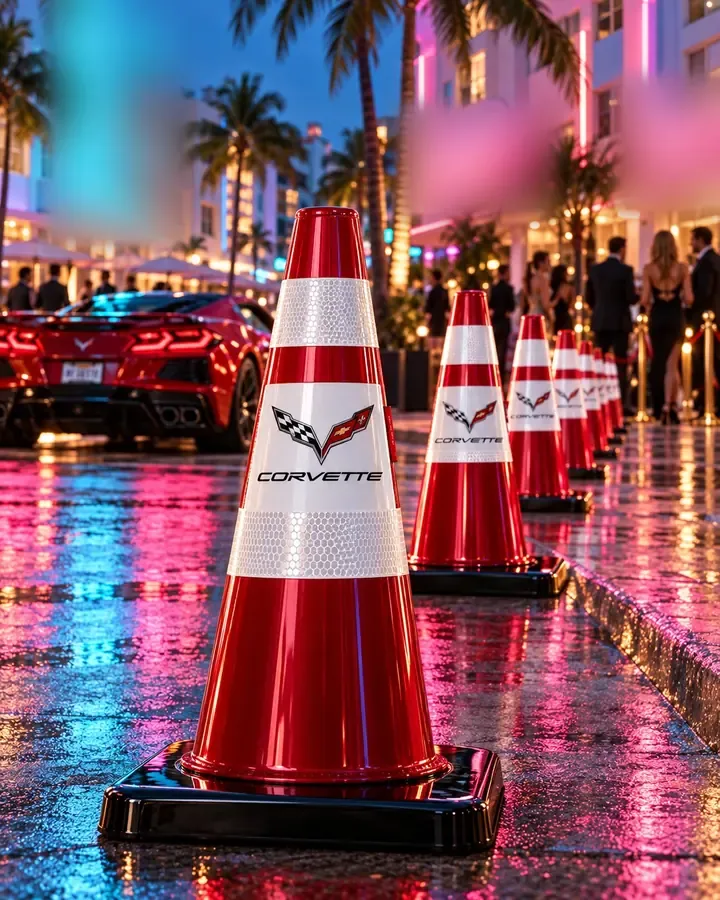 Red concept cones lined up on an Art Deco boulevard at night