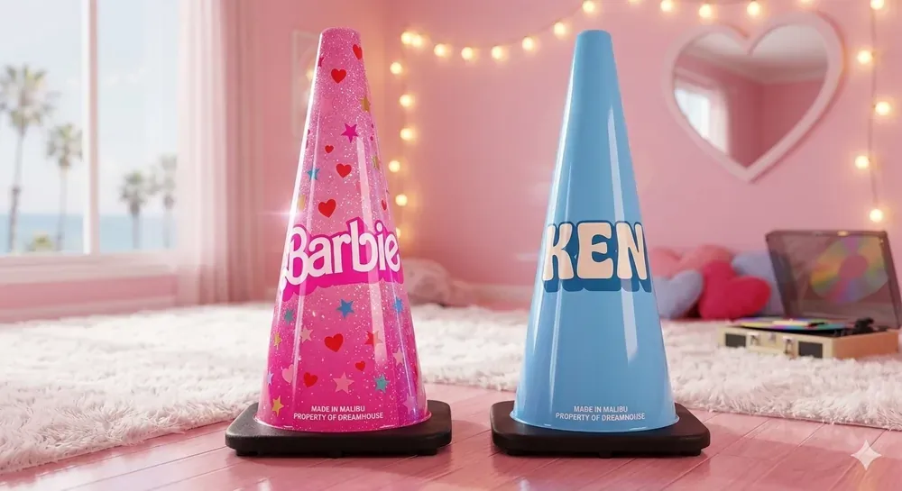 Pink and blue doll-themed concept cones