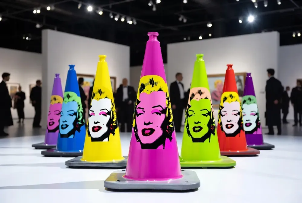 Pop-art silkscreen portrait concept cones in a gallery