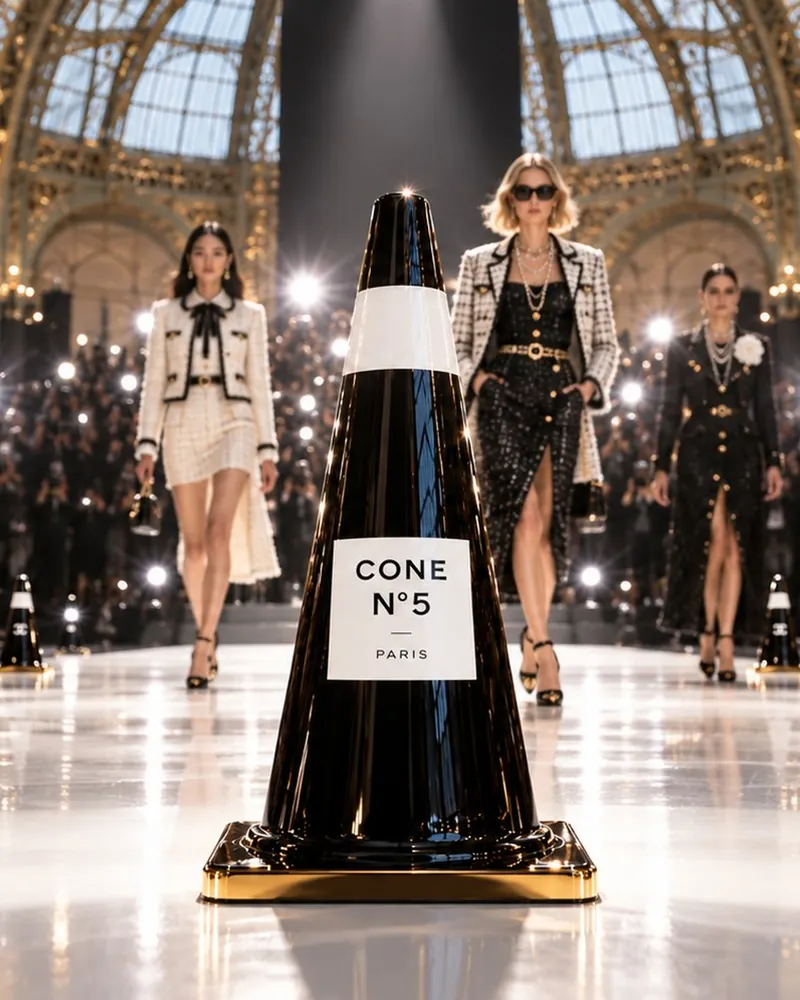 Black high-gloss concept cone with a white label on a Paris couture runway under a glass dome