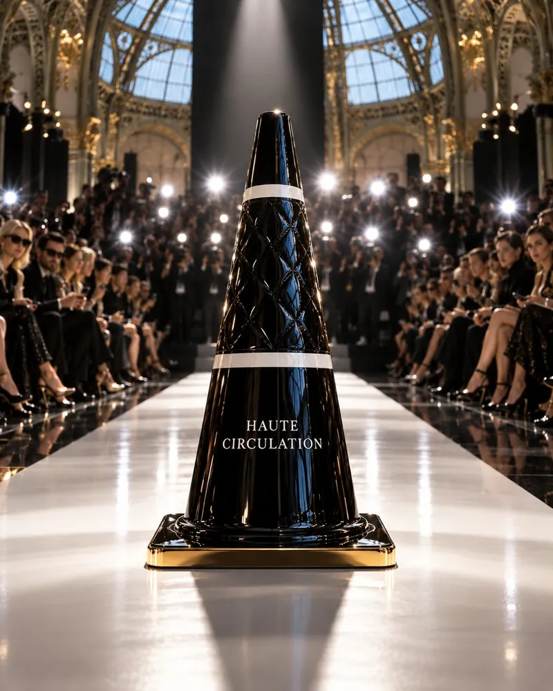 Quilted black high-gloss concept cone with white bands centered on a couture runway