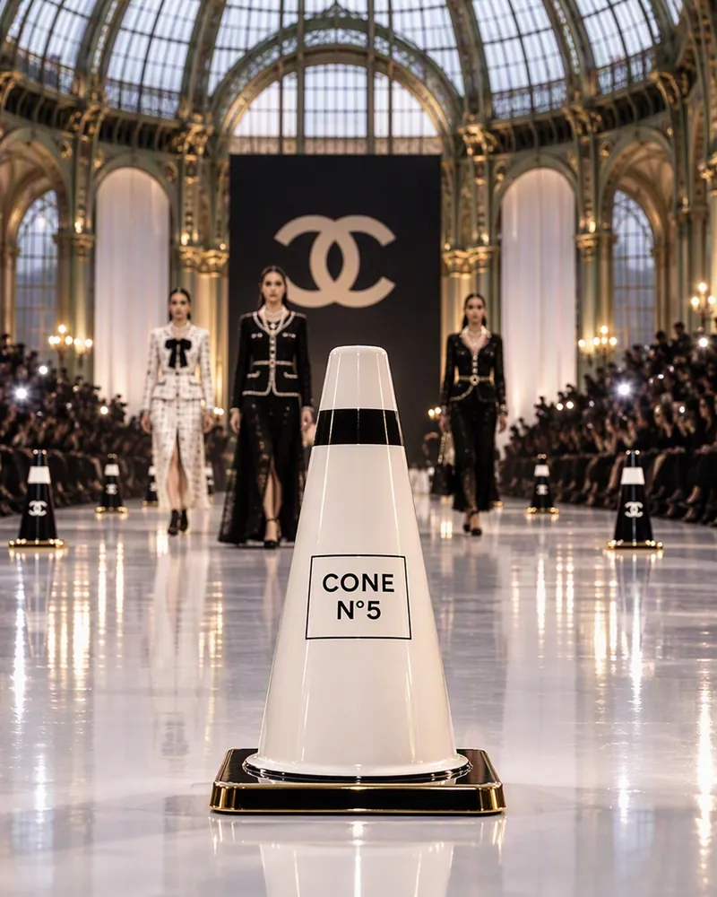 Ivory high-gloss concept cone with a black band on a gold base at a couture show