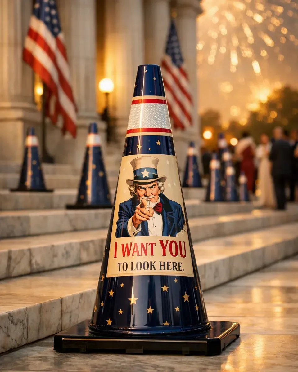 Uncle Sam cone with a vintage pointing illustration on marble steps at golden hour